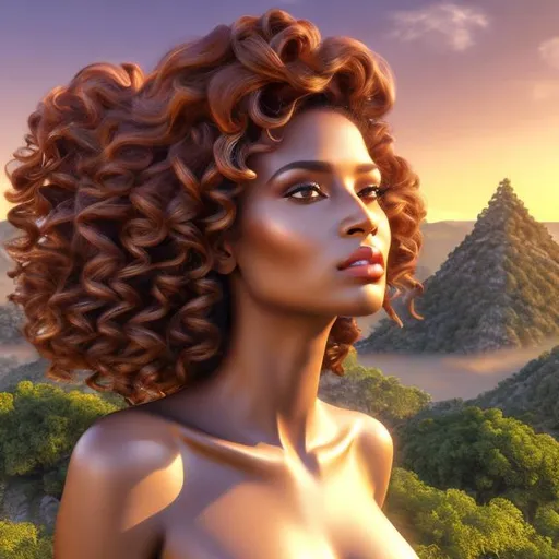 Prompt: HD 4k 3D 8k professional modeling photo hyper realistic beautiful woman ethereal greek goddess of the morning breeze
brown curly hair gorgeous face brown skin billowing gown beautiful jewelry polos crown pixie wings full body surrounded by ambient aura glow hd landscape  on mountain at morning 

