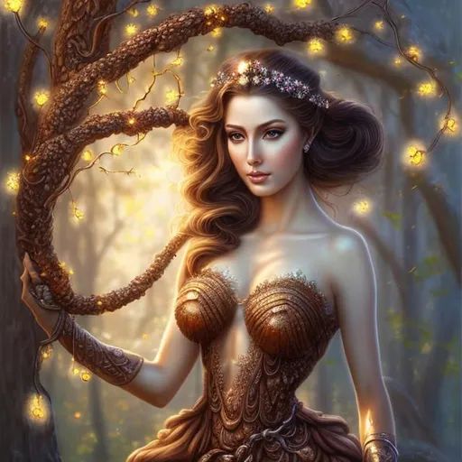 Prompt: HD 4k 3D, hyper realistic, professional modeling, ethereal  Greek goddess of dogwood, rust colored pull through braid hair, fair skin, gorgeous face, gorgeous tree dress, tree jewelry and dogwood handpiece, full body, ambient glow, dogwood tree nymph, landscape, detailed, elegant, ethereal, mythical, Greek, goddess, surreal lighting, majestic, goddesslike aura