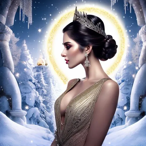 Prompt: HD 4k 3D 8k professional modeling photo hyper realistic beautiful woman ethereal greek goddess of true calling
white hair bun updo brown eyes gorgeous face mixed skin shimmering flowing winter dress ornate jewelry winter crown full body surrounded by ambient glow hd landscape background mystical winter wonderland in greek mountain ice cave
