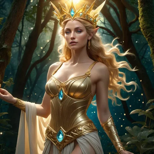 Prompt: HD 4k 3D 8k professional modeling photo hyper realistic beautiful woman golden haired immortal Elf Princess ethereal greek goddess, ancient primordial wise goddess, full body surrounded by ambient glow, covered in stars and gems, enchanted, magical, highly detailed, intricate, highly realistic woman, high fantasy background, Lothlorian forest, elegant, mythical, surreal lighting, majestic, goddesslike aura, Annie Leibovitz style 

