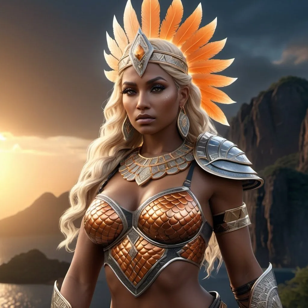 Prompt: HD 4k 3D, 8k, hyper realistic, professional modeling, ethereal Greek Goddess and Amazonian Queen, blonde hair, black skin, gorgeous glowing face, Amazonian Warrior reptile scales armor, orange jewelry and tiara, Amazon warrior, tattoos, full body, carrying battle axe, taiga sierra landscape, surrounded by ambient divine glow, detailed, elegant, mythical, surreal dramatic lighting, majestic, goddesslike aura