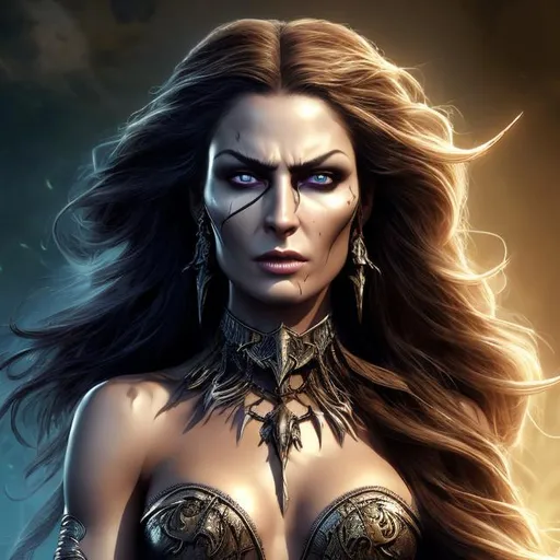 Prompt: HD 4k 3D 8k professional modeling photo hyper realistic beautiful evil barbarian woman ethereal greek goddess of punishment
indigo hair dark brown eyes tan skin gorgeous face scars shiny embroidered grecian female armor gothic jewelry gothic headpiece holding whip and skull full body surrounded by sinister glow hd landscape background weapons, skulls, divine retribution, reptiles
