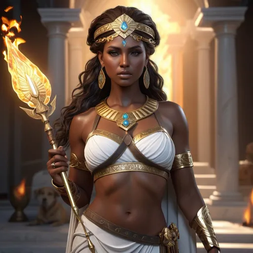 Prompt: HD 4k 3D, hyper realistic, professional modeling, ethereal Greek Goddess of Tracking, bright brown hair, dark skin, gorgeous face,  grecian female warrior, fire opal jewelry and tiara, full body, eternal bounty hunter and tracker, wild, dog companion, weapons, detailed, elegant, ethereal, mythical, Greek, goddess, surreal lighting, majestic, goddesslike aura