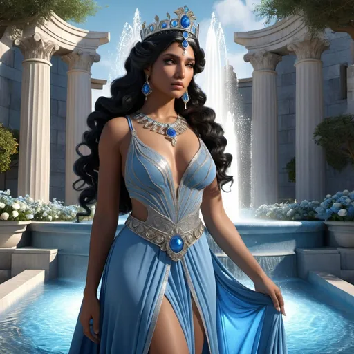 Prompt: HD 4k 3D, 8k, hyper realistic, professional modeling, ethereal Greek Goddess and Trojan Princess, black hair, brown skin, gorgeous glowing face, blue gown, silver jewelry and crown, garden fountain, dusty miller lacy flowers, paradise, surrounded by ambient divinity glow, detailed, elegant, mythical, surreal dramatic lighting, majestic, goddesslike aura