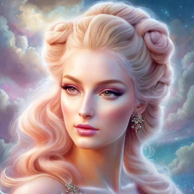 Prompt: HD 4k 3D, hyper realistic, professional modeling, ethereal Greek goddess of the Clouds, pink hair in double buns, gorgeous face, pale skin, gorgeous pastel gown, gemstone jewelry and tiara, pixie wings, full body, ambient glow, sitting in the colorful clouds, dazzling light, landscape, detailed, elegant, ethereal, mythical, Greek, goddess, surreal lighting, majestic, goddesslike aura