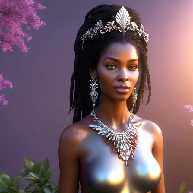 Prompt: HD 4k 3D, hyper realistic, professional modeling, ethereal  Greek goddess of fruit trees, silver dreadlock hair, black skin, gorgeous face, gorgeous fruit tree dress, tree jewelry and fruit tiara, full body, ambient glow, fruit tree nymph, landscape, detailed, elegant, ethereal, mythical, Greek, goddess, surreal lighting, majestic, goddesslike aura