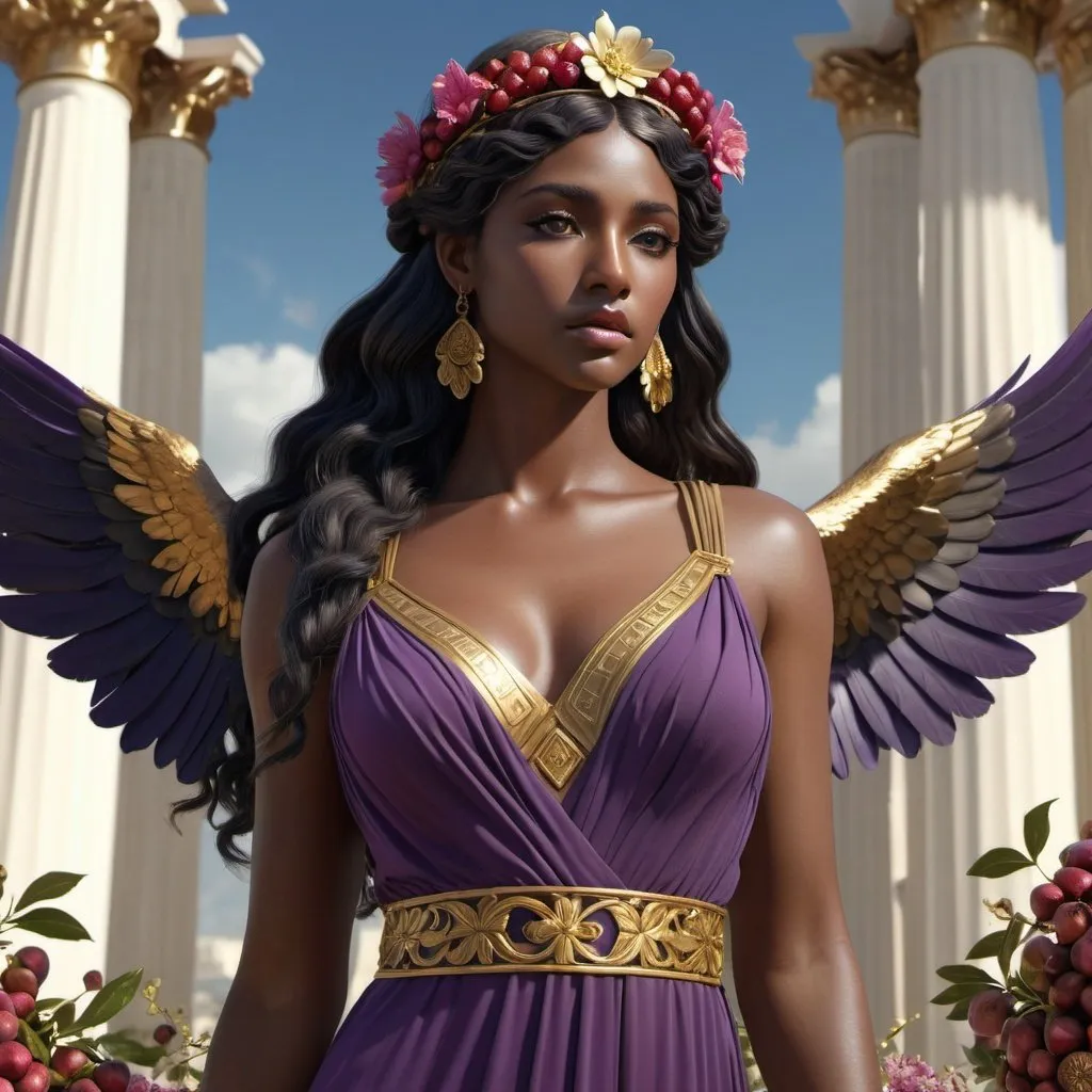 Prompt: HD 4k 3D, hyper realistic, professional modeling, ethereal Greek Goddess of Youth, dark purple hair, black skin, gorgeous face,  grecian sleeveless dress, gold jewelry and floral headband, full body, wings,  eternal youth and beauty, cup-bearer, eagle companion, pomegranates, and blooming floral garden, detailed, elegant, ethereal, mythical, Greek, goddess, surreal lighting, majestic, goddesslike aura