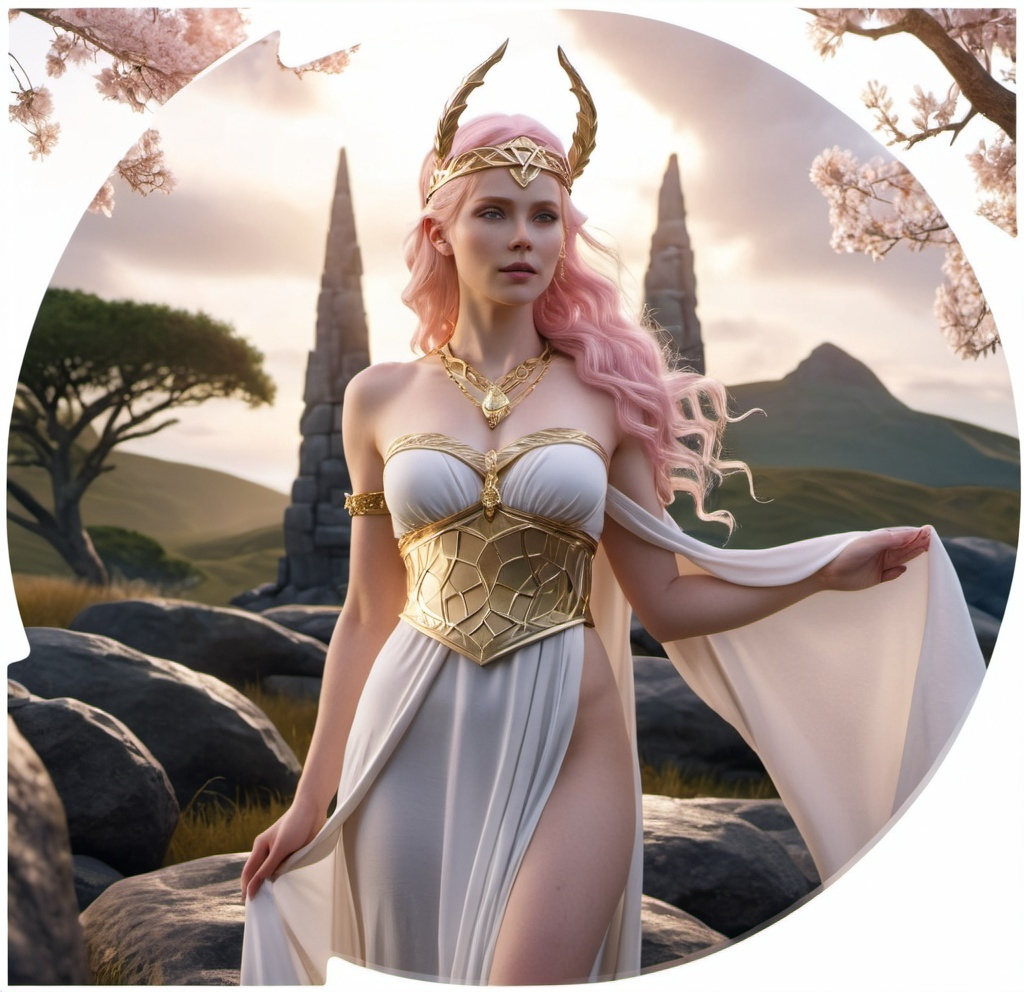 Prompt: Fulla Norse Goddess maiden,  hyper realistic, HD 4k 3D, professional modeling, ethereal, light pink hair, pale skin, gorgeous face, gorgeous gold jewelry and headband, full body, ambient glow, landscape, detailed, elegant, ethereal, mythical, goddess, surreal lighting, majestic, goddesslike aura, Norse Mythology