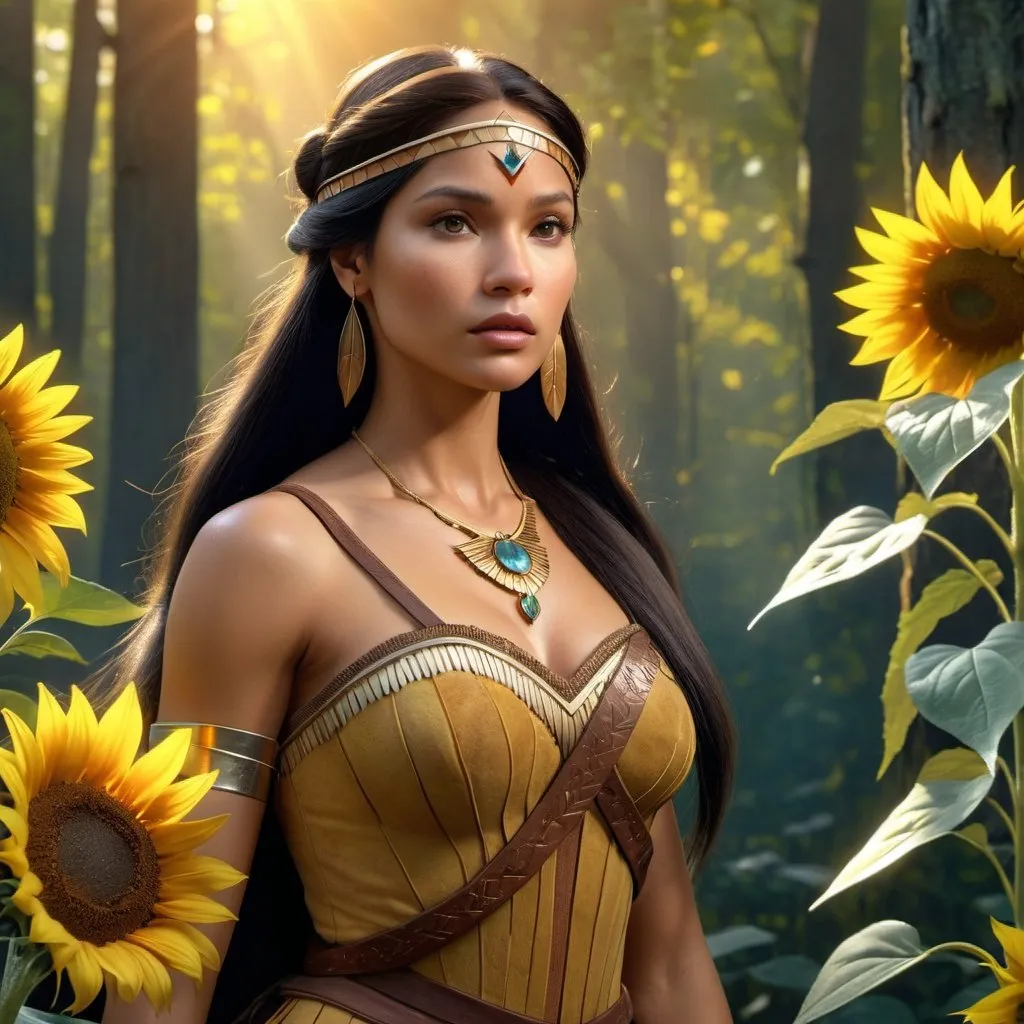 Prompt: HD 4k 3D, hyper realistic, professional modeling, enchanted Algonquin Princess - Pocahontas, beautiful, magical, detailed, highly realistic woman, high fantasy background, precolonial Virginia, forest, sunflowers, elegant, ethereal, mythical, Greek goddess, surreal lighting, majestic, goddesslike aura, Annie Leibovitz style 