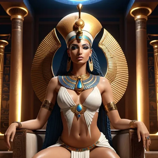 Prompt: HD 4k 3D, 8k, hyper realistic, professional modeling, ethereal Egyptian Magic Goddess Isis, beautiful, glowing beige skin, red hair, mythical  clothing and jewelry, crescent moon diadem, goddess of magic, full body, scorpion tattoo, paradise on throne, cobra, Fantasy setting, surrounded by ambient divine glow, detailed, elegant, surreal dramatic lighting, majestic, goddesslike aura, octane render