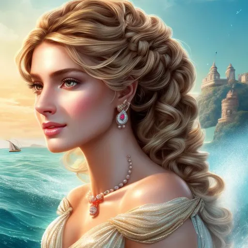 Prompt: HD 4k 3D 8k professional modeling photo hyper realistic beautiful ocean nymph woman ethereal greek goddess of fortune and fate
coral milkmaid braid hair brown eyes tan skin gorgeous face ancient grecian military costume seashell jewelry mural crown full body surrounded by ambient glow hd landscape background standing on the bow of a boat at sea with treasure
