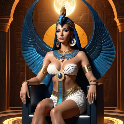 Prompt: HD 4k 3D, 8k, hyper realistic, professional modeling, ethereal Egyptian Magic Goddess Isis, beautiful, glowing beige skin, red hair, mythical  clothing and jewelry, crescent moon diadem, goddess of magic, full body, scorpion tattoo, paradise on throne, cobra, Fantasy setting, surrounded by ambient divine glow, detailed, elegant, surreal dramatic lighting, majestic, goddesslike aura, octane render