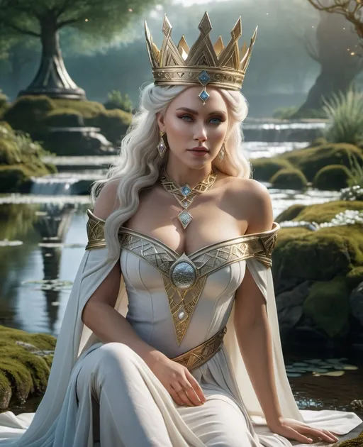 Prompt: Frigg Norse beloved Queen Goddess,  hyper realistic, HD 4k 3D, professional modeling, ethereal, white hair, white skin, gorgeous face, gorgeous jewelry and crown, full body, ambient glow, castle in the wetlands landscape, detailed, elegant, ethereal, mythical, goddess, surreal lighting, majestic, goddesslike aura