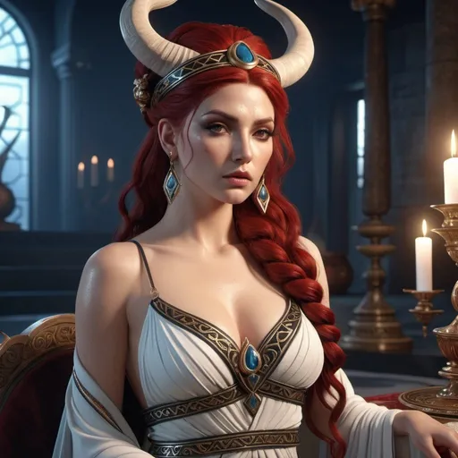 Prompt: HD 4k 3D, hyper realistic, professional modeling, ethereal Greek Goddess Witch, red half up twisted hair, ivory skin, gorgeous face, grecian embroidered gown, obsidian jewelry and headband, full body, witchcraft, sorceress, magical island, white bull companion, detailed, elegant, ethereal, mythical, Greek, goddess, surreal lighting, majestic, goddesslike aura