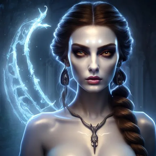 Prompt: HD 4k 3D 8k professional modeling photo hyper realistic beautiful demon woman ethereal greek goddess of ghosts, nightmares and madness
white double braided buns hair yellow eyes pale skin gorgeous face yellow grecian dress gothic jewelry death crown full body surrounded by magical ambient glow hd landscape spooky ghosts, nightmares, moon, dark magic
