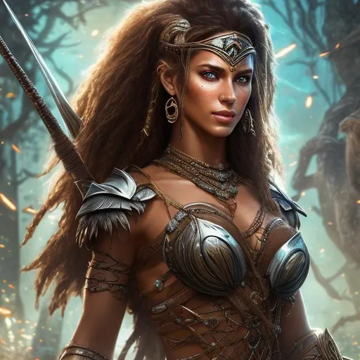 Prompt: HD 4k 3D 8k professional modeling photo hyper realistic beautiful warrior tribal woman ethereal greek goddess of pursuit
bronze hair brown eyes mixed freckled skin gorgeous face shimmering battle leather armor iron jewelry iron and feathered headpiece holding weapons full body surrounded by mystical glow hd landscape background she tracks and pursues enemies. She is hunting and running after them with eagles through the dark forest
