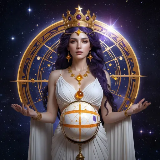 Prompt: HD 4k 3D, hyper realistic, professional modeling, ethereal Greek Muse of Astronomy, dark purple hair, white skin, gorgeous face, grecian gown of stars, citrine orange jewelry and crown of stars, full body, powerful and divine, holding globe and compass, constellations, starry night sky,  detailed, elegant, ethereal, mythical, Greek, goddess, surreal lighting, majestic, goddesslike aura