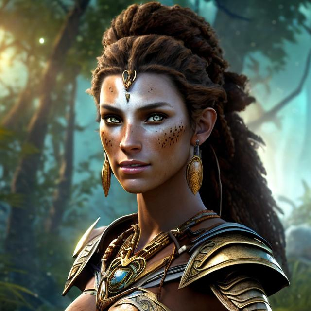 Prompt: HD 4k 3D 8k professional modeling photo hyper realistic beautiful warrior tribal woman ethereal greek goddess of pursuit
bronze hair brown eyes mixed freckled skin gorgeous face shimmering battle armor iron jewelry iron and feathered headpiece holding weapons full body surrounded by mystical glow hd landscape background she tracks and pursues enemies. She is hunting and running after them with eagles through the dark forest
