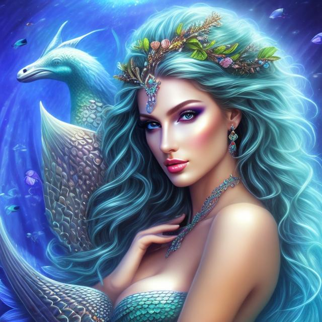 Prompt: HD 4k 3D 8k professional modeling photo hyper realistic beautiful woman ethereal greek goddess druid mermaid
cobalt blue hair olive skin gorgeous face  jewelry druid crown colored mermaid tail full body surrounded by ambient glow hd landscape under lush celtic waters

