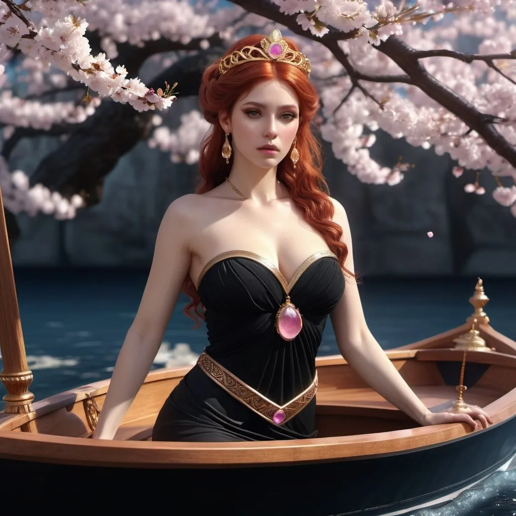 Prompt: HD 4k 3D, 8k, hyper realistic, professional modeling, ethereal Greek Goddess Princess of Thebes, red hair, fair skin, gorgeous glowing face, black dress, pink gemstone jewelry and tiara, riding in funeral boat adorned with cherry blossoms, surrounded by ambient divinity glow, detailed, elegant, mythical, surreal dramatic lighting, majestic, goddesslike aura