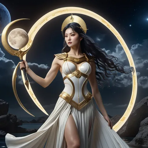 Prompt: HD 4k 3D 8k professional modeling photo hyper realistic beautiful woman enchanted Saturn Princess Hotaru, ethereal greek goddess, full body surrounded by ambient glow, magical, highly detailed, intricate, beautiful Sailor Saturn style, Saturn, goddess of death, scythe, symbols of death, force field, outdoor landscape, highly realistic woman, high fantasy background, elegant, mythical, surreal lighting, majestic, goddesslike aura, Annie Leibovitz style 

