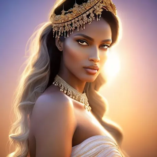 Prompt: HD 4k 3D, hyper realistic, professional modeling, ethereal Greek goddess of sunset, soft white hair, black skin, gorgeous face, pinkish red evening gown, elegant jewelry and tiara, full body, soft ambient glow of sunset on the horizon, alluring goddess, evening sky, sun setting in the sky, detailed, elegant, ethereal, mythical, Greek, goddess, surreal lighting, majestic, goddesslike aura