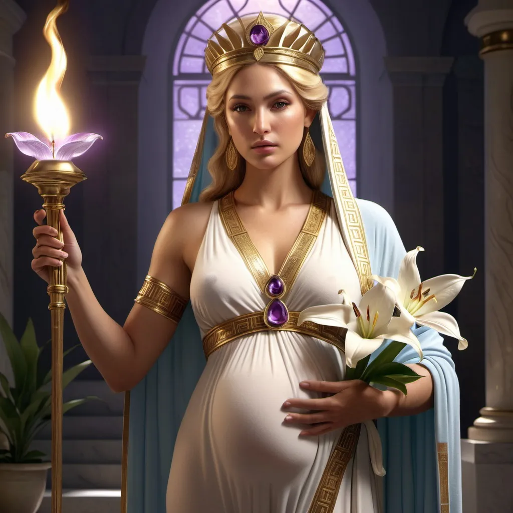 Prompt: HD 4k 3D, hyper realistic, professional modeling, ethereal Greek Goddess of childbirth, light blonde hair, brown skin, gorgeous face,  grecian robes, amethyst jewelry and diadem, holding a torch and baby, full body, midwife, peace lilies, caring, healing, detailed, elegant, ethereal, mythical, Greek, goddess, surreal lighting, majestic, goddesslike aura