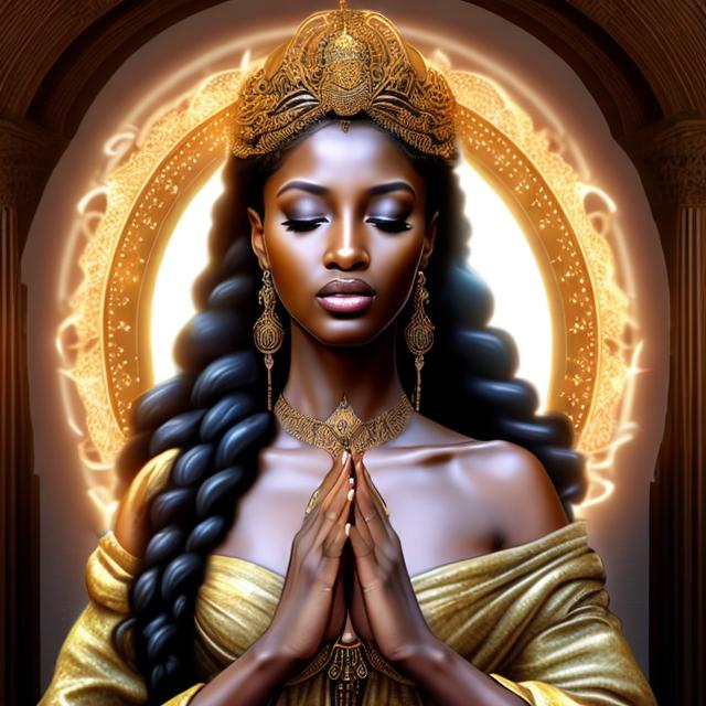 Prompt: HD 4k 3D, hyper realistic, professional modeling, ethereal Greek goddess of afternoon prayer, brown and black half up twist hair, brown skin, gorgeous face, priestess dress, religious jewelry and crown, full body, ambient glow of afternoon, alluring goddess, praying, afternoon meditation, piety, detailed, elegant, ethereal, mythical, Greek, goddess, surreal lighting, majestic, goddesslike aura