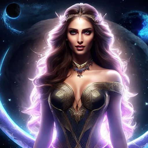 Prompt: HD 4k 3D 8k professional modeling photo hyper realistic beautiful sorceress woman ethereal greek goddess of magic
chestnut brown hair light eyes black skin gorgeous face mystical dress magical jewelry diadem on head surrounded by magic ambient glow hd landscape spooky dark night sitting on throne under the moon dogs at her side magical atmosphere
