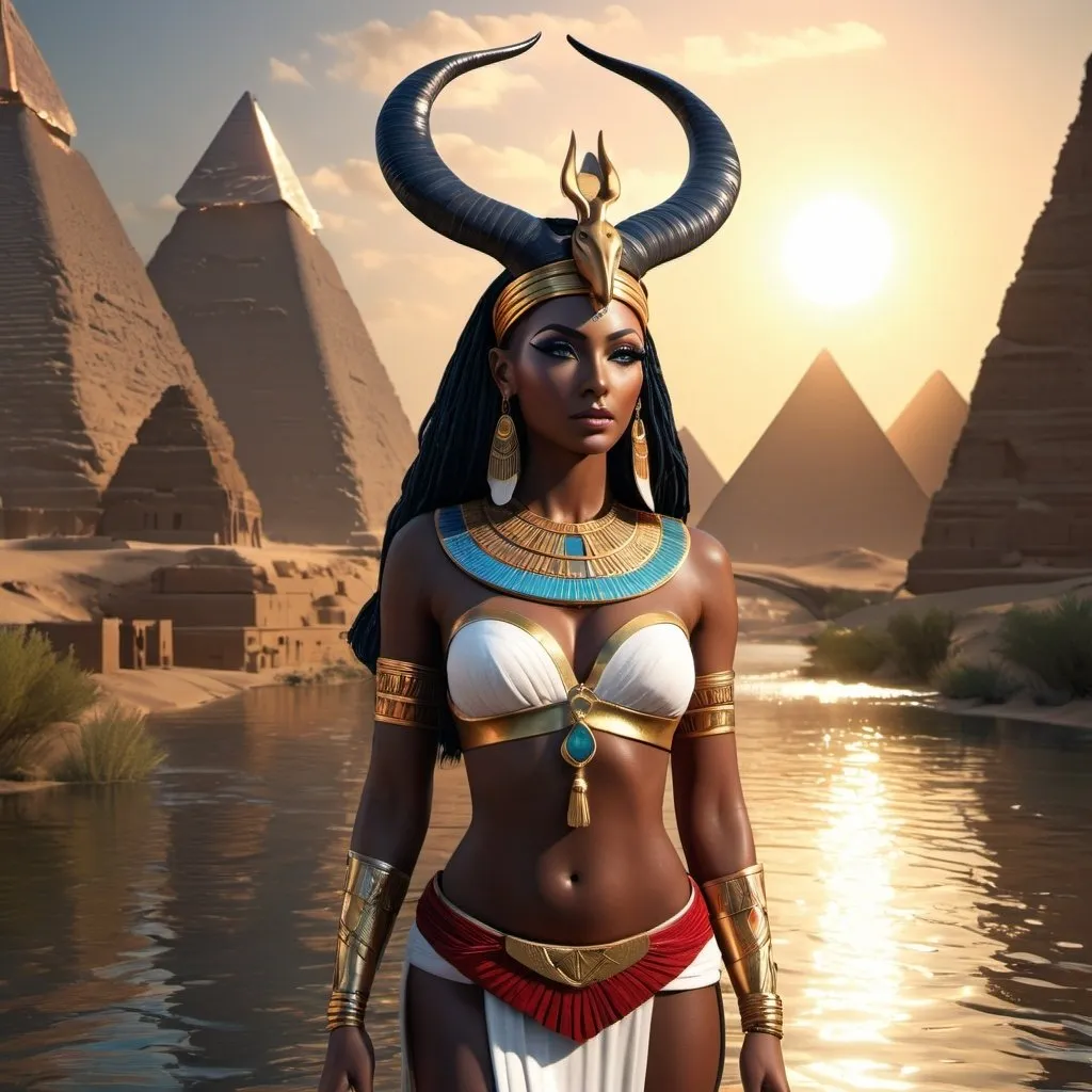 Prompt: HD 4k 3D, 8k, hyper realistic, professional modeling, ethereal Egyptian Goddess style, Antelope Goddess of love, beautiful, standing next to the river, glowing dark skin, red hair, mythical outfit, crown, full body, antelope horns, beautiful lush Fantasy setting, surrounded by ambient divine glow, detailed, elegant, surreal dramatic lighting, majestic, goddesslike aura, octane render, artistic and whimsical