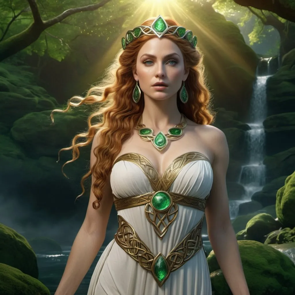 Prompt: HD 4k 3D, hyper realistic, professional modeling, enchanted Celtic goddess enchantress mythology Princess, beautiful, magical, detailed, highly realistic woman, high fantasy Celtic landscape, elegant, ethereal, mythical, Greek goddess, surreal lighting, majestic, goddesslike aura, Annie Leibovitz style 