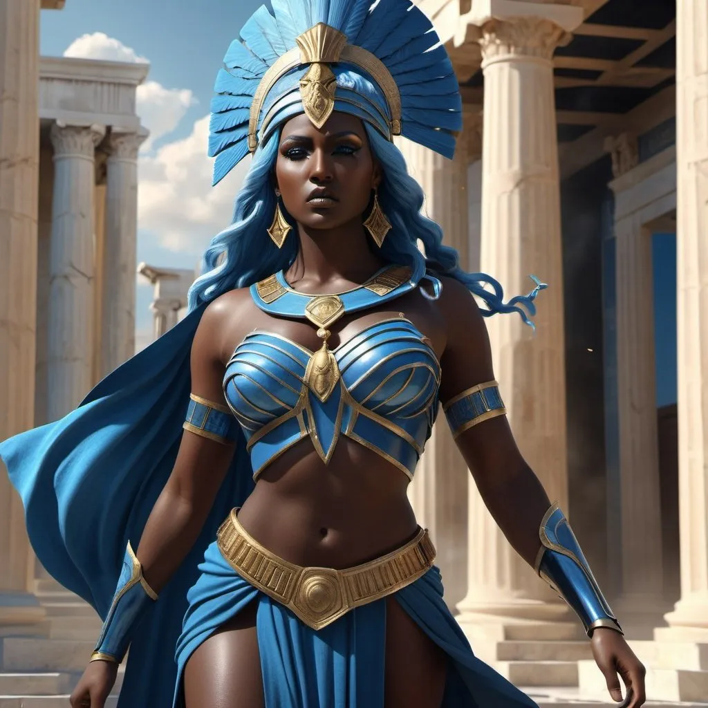 Prompt: HD 4k 3D, hyper realistic, professional modeling, ethereal Greek Goddess of Destructive War, blue hair, dark skin, gorgeous face,  grecian warrior armor, jade jewelry and headpiece, full body, destruction of cities, powerful, supreme war goddess, detailed, elegant, ethereal, mythical, Greek, goddess, surreal lighting, majestic, goddesslike aura