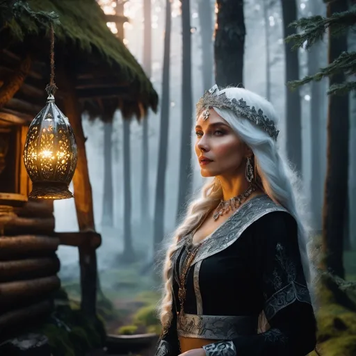 Prompt: Baba Yaga, evil Russian witch,guardian who guides the dead into the afterlife, she lives in a hut deep in the Slavic forest, hyper realistic, HD 4k 3D, professional modeling, ethereal, white hair, medium skin, gorgeous face, gorgeous jewelry and tiara, ambient divine glow, detailed and intricate, elegant, ethereal, mythical, goddess, radiant lighting, majestic, goddesslike aura