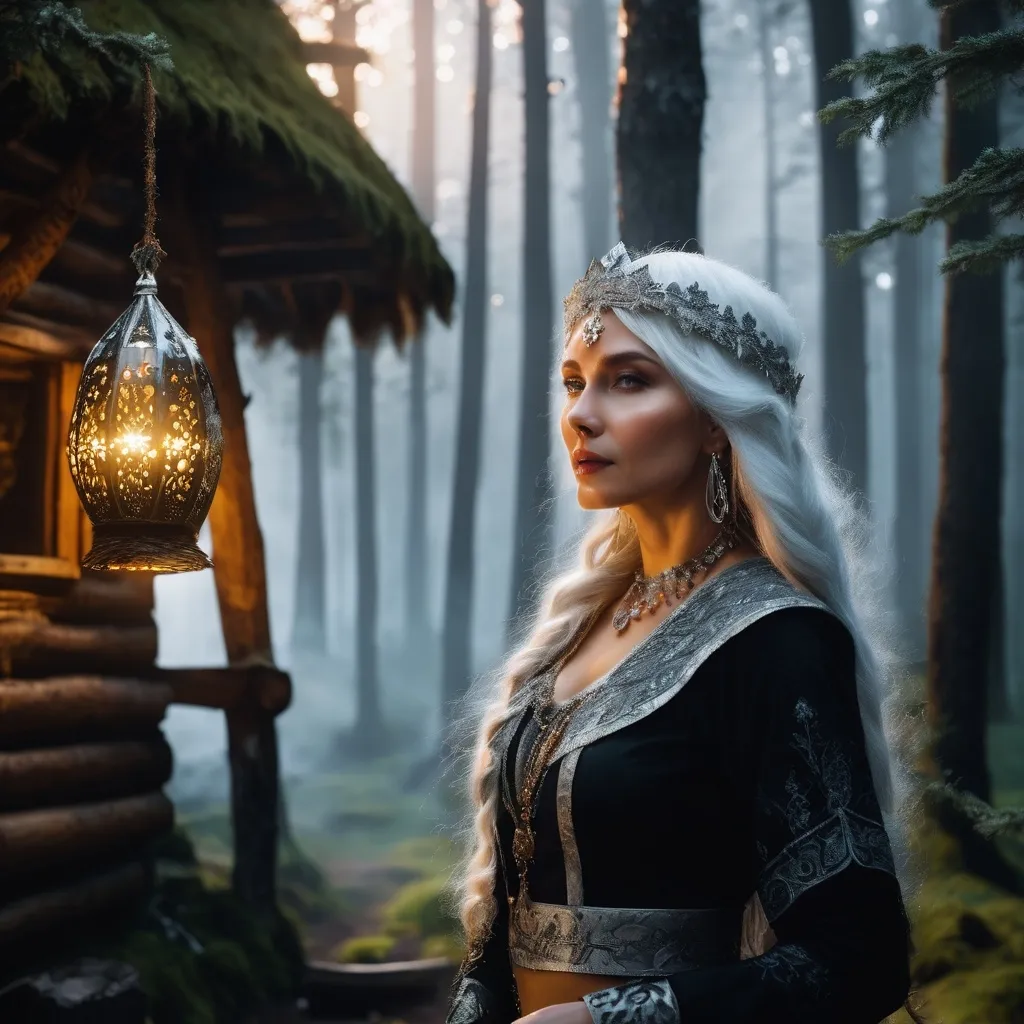 Prompt: Baba Yaga, evil Russian witch,guardian who guides the dead into the afterlife, she lives in a hut deep in the Slavic forest, hyper realistic, HD 4k 3D, professional modeling, ethereal, white hair, medium skin, gorgeous face, gorgeous jewelry and tiara, ambient divine glow, detailed and intricate, elegant, ethereal, mythical, goddess, radiant lighting, majestic, goddesslike aura