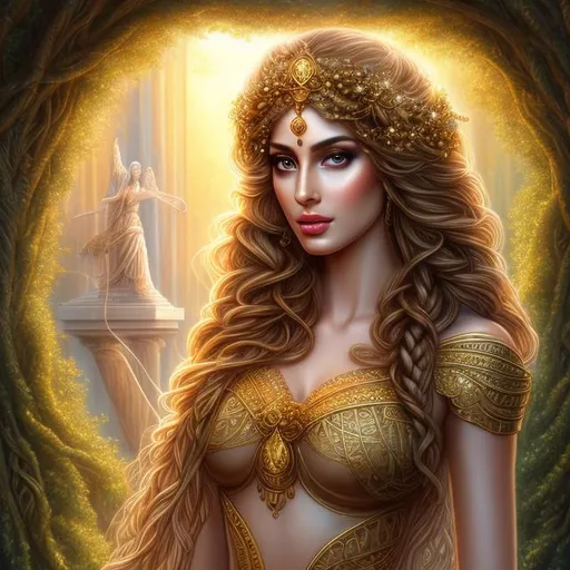 Prompt: HD 4k 3D, hyper realistic, professional modeling, ethereal  lovely Greek goddess of trees, gold bubble braid hair, brown skin, gorgeous face, gorgeous tree priestess dress, tree jewelry and priestess diadem, full body, ambient glow, tree nymph, landscape, detailed, elegant, ethereal, mythical, Greek, goddess, surreal lighting, majestic, goddesslike aura