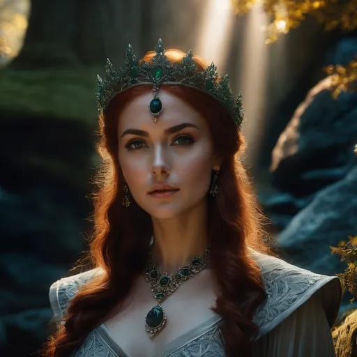 Prompt: Annis, evil English witch, hyper realistic, HD 4k 3D, professional modeling, ethereal, auburn red hair, olive skin, gorgeous face, gorgeous jewelry and headpiece, she lives in a cave with a large oak tree at the entrance in the English hills, ambient divine glow, detailed and intricate, elegant, ethereal, mythical, goddess, radiant lighting, majestic, goddesslike aura