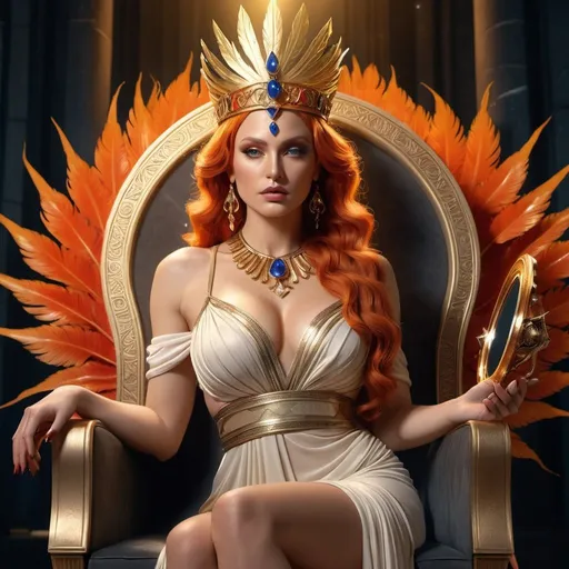 Prompt: HD 4k 3D, 8k, hyper realistic, professional modeling, ethereal Greek Goddess Queen Cassiopeia, orange hair, beige skin, gorgeous glowing face, regal gown, red gemstone jewelry and headband, evil queen, seated on throne, holding mirror and palm frond, surrounded by ambient divinity glow, detailed, elegant, mythical, surreal dramatic lighting, majestic, goddesslike aura