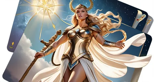 Prompt: tarot card illustration, Eir Norse Goddess Valkyrie of healing and mercy, hyperrealistic, HD 4k 3D 8k professional modeling photo, beautiful tan maiden, enchanted, battle magic, surrounded by ambient glow, magical, highly detailed, intricate, mythical background, elegant, surreal lighting, majestic, goddesslike aura