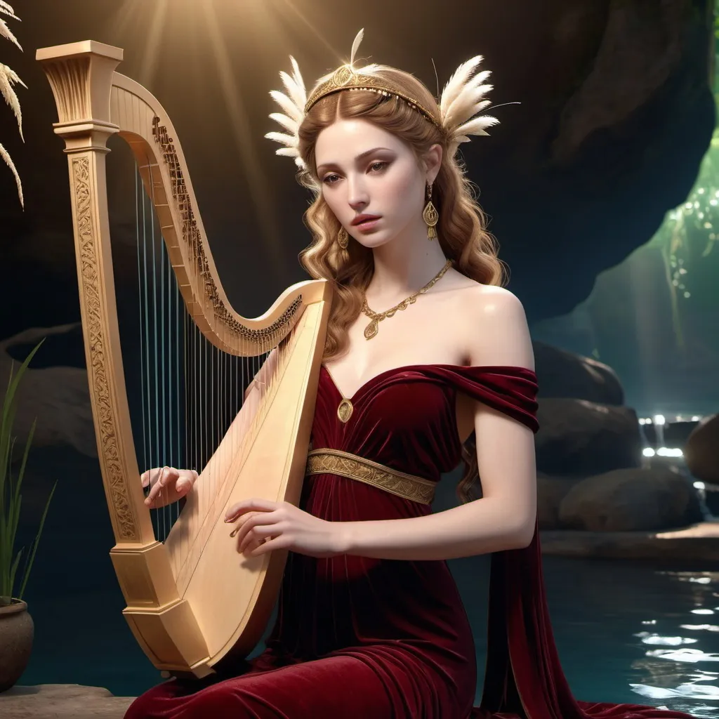 Prompt: HD 4k 3D, hyper realistic, professional modeling, ethereal Greek Muse of Upper Chord of the Lyre, light brown hair, pale skin, gorgeous face, grecian velvet dress, ruby jewelry and headpiece, full body, tall and lithe, playing music, cattails next to stream, twilight, detailed, elegant, ethereal, mythical, Greek, goddess, surreal lighting, majestic, goddesslike aura