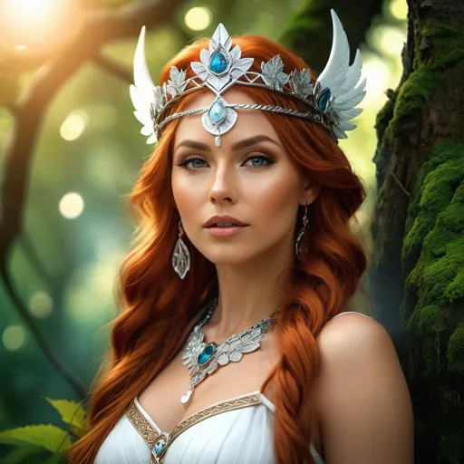 Prompt: Ilmr Norse Goddess of trees, hyper realistic, HD 4k 3D, professional modeling, ethereal, bright red hair, tan skin, gorgeous face, gorgeous jewelry and diadem, Valkyrie, in a forest of blossoming tress, ambient divine glow, detailed and intricate, elegant, ethereal, mythical, goddess, radiant lighting, majestic, goddesslike aura, Norse Viking Mythology