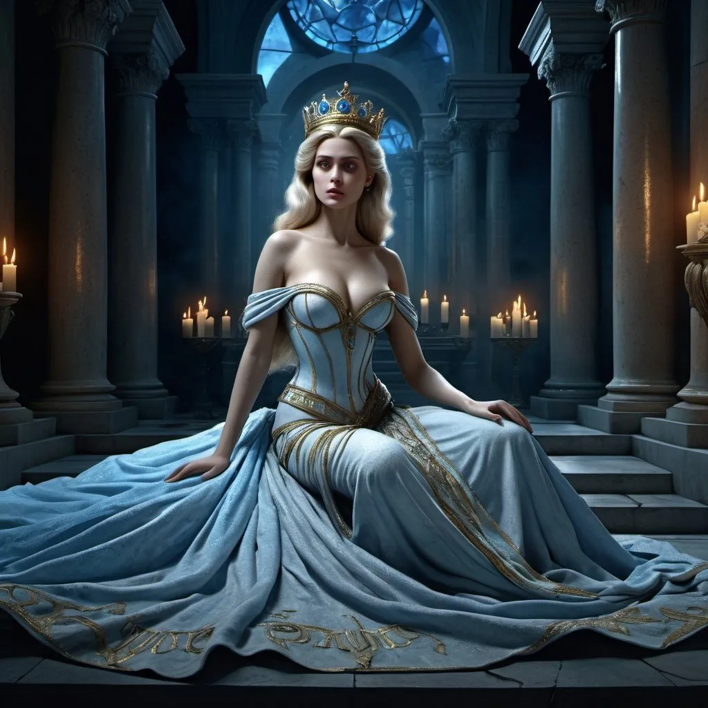 Prompt: HD 4k 3D 8k professional modeling photo hyper realistic beautiful woman human corpse princess cinderella style, ethereal greek goddess, underworld goddess, full body surrounded by ambient glow, enchanted, magical, highly detailed, intricate, highly realistic woman, high fantasy macabre background, crypt, elegant, mythical, surreal lighting, majestic, goddesslike aura, Annie Leibovitz style 

