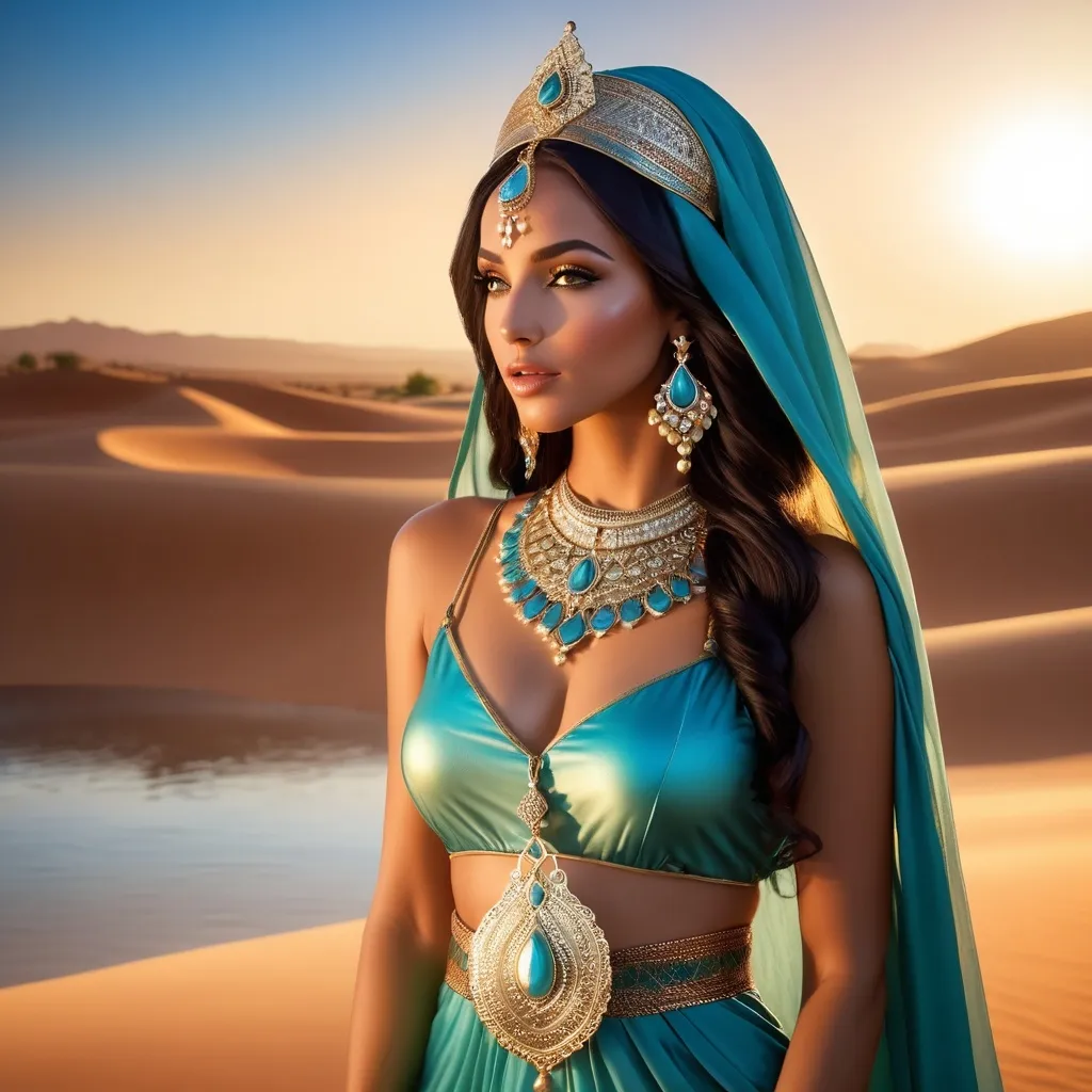 Prompt:  Aicha Kandicha is a female mythological figure in Moroccan folklore, she is a Jinn and typically depicted as a beautiful young woman who has the legs of a hoofed animal such as a goat or camel.  she is generally thought to live near water sources, and is said to use her beauty to lure men,  hyper realistic, HD 4k 3D, professional modeling, ethereal, gorgeous face, Moroccan jewelry and headpiece, ambient divine glow, detailed and intricate, elegant, ethereal, mythical, goddess, radiant lighting, majestic, goddesslike aura, mystic Moroccan landscape