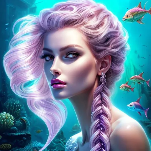 Prompt: HD 4k 3D 8k professional modeling photo hyper realistic beautiful evil woman ethereal greek goddess prophetic sea nymph
light purple fishtail braid hair gorgeous face  jewelry headpiece white mermaid tail and top full body surrounded by ambient glow hd landscape underwater shipwreck
