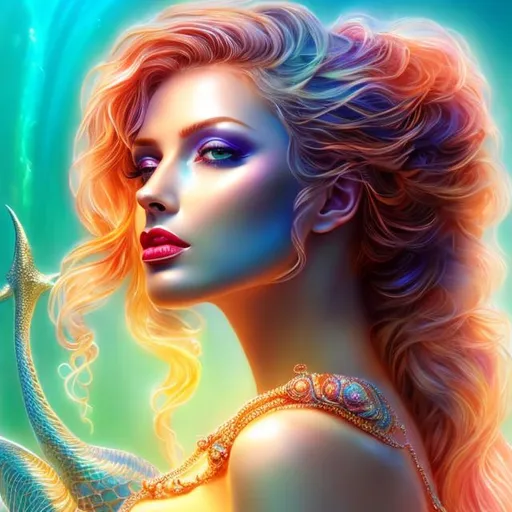 Prompt: HD 4k 3D 8k professional modeling photo hyper realistic beautiful woman ethereal greek goddess African sea nymph Oceanid
orange braids hair  gorgeous face ocean jewelry sea headpiece colored mermaid tail full body surrounded by ambient glow hd landscape african ocean bright sun shining 

