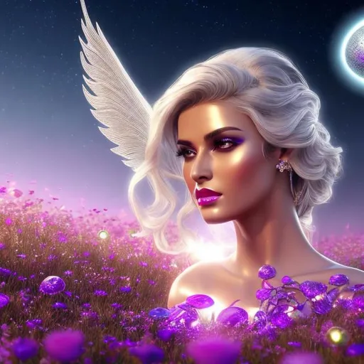 Prompt: HD 4k 3D 8k professional modeling photo hyper realistic beautiful woman ethereal greek goddess of the morning dew
white hair in bun gorgeous face black skin silvery shimmering gown with dewdrops diamond shining jewelry diamond shining crown angel wings full body surrounded by ambient glow hd landscape meadow with dew on grass and flower petals in morning

