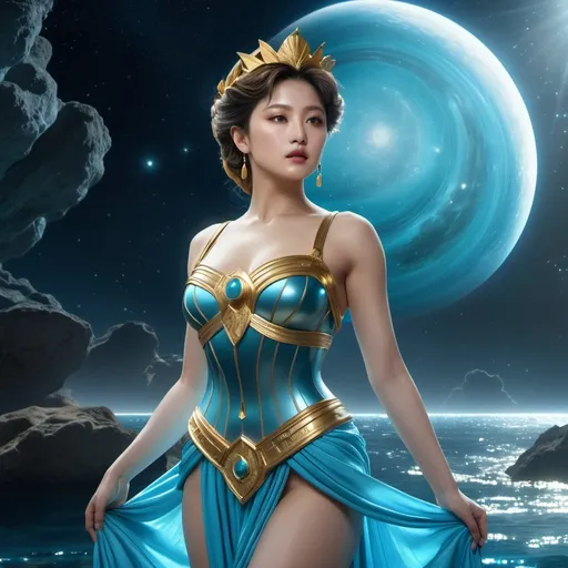 Prompt: HD 4k 3D 8k professional modeling photo hyper realistic beautiful woman enchanted Uranus Princess Haruka, ethereal greek goddess, full body surrounded by ambient glow, magical, highly detailed, intricate, beautiful Sailor Uranus style, Uranus, goddess of sky, weather powers, outdoor landscape, highly realistic woman, high fantasy background, elegant, mythical, surreal lighting, majestic, goddesslike aura, Annie Leibovitz style 

