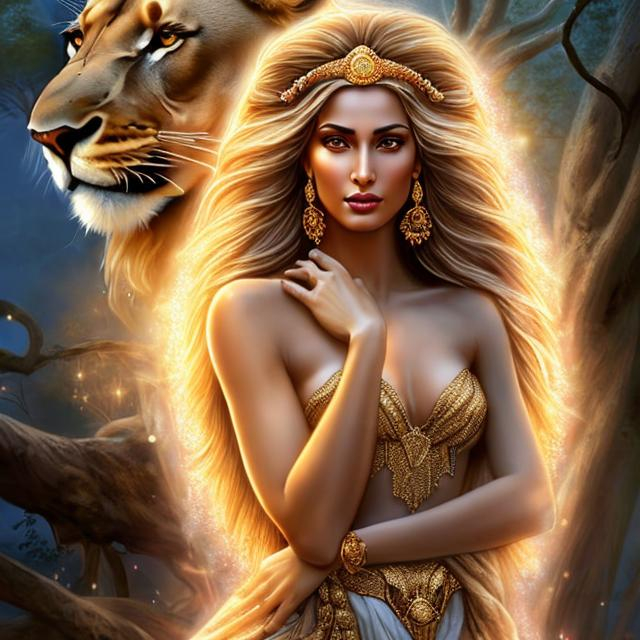 Prompt: HD 4k 3D, hyper realistic, professional modeling, ethereal Greek goddess of beauty, white hair, tan skin, red embroidered gown, gorgeous face, ruby and gold jewelry and headband, full body, ambient glow, beautiful goddess on rocks with a lion, bonfire at evening, detailed, elegant, ethereal, mythical, Greek, goddess, surreal lighting, majestic, goddesslike aura