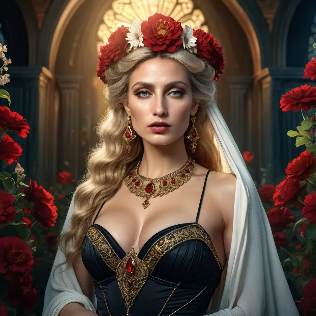 Prompt: HD 4k 3D 8k professional modeling photo hyper realistic beautiful woman Gypsy Princess ethereal greek goddess 
blonde hair fair skin gorgeous face  jewelry tiara  full body surrounded by ambient glow, flowers vegetation, enchanted, magical, detailed, highly realistic woman, high fantasy Transylvania gothic background, elegant, mythical, surreal lighting, majestic, goddesslike aura, red and black flowers, Annie Leibovitz style 


