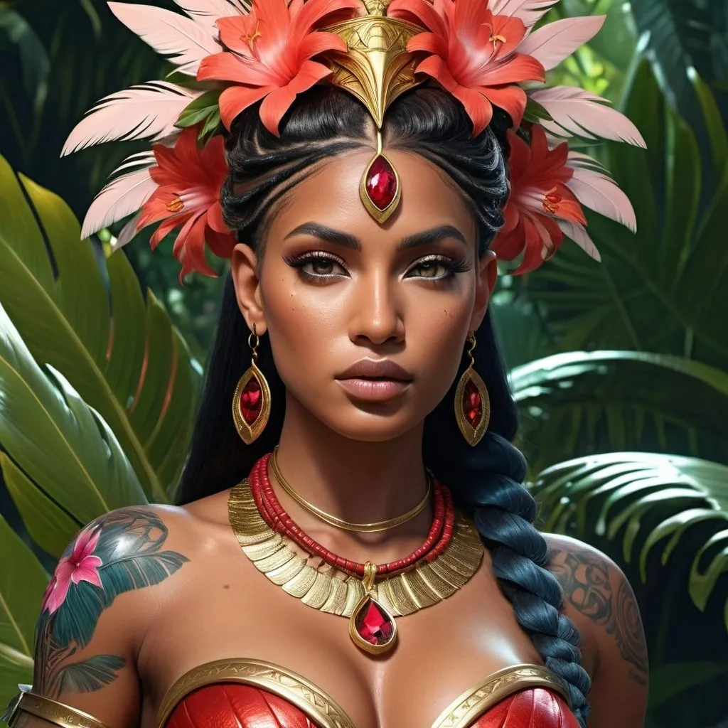 Prompt: HD 4k 3D, 8k, hyper realistic, professional modeling, ethereal Greek Goddess and Amazonian Queen, red double buns hair, dark skin, gorgeous glowing face, Amazonian Warrior armor, ametryn jewelry and diadem, Amazon warrior, tattoos, full body, tropics, adorned with flamingo feathers and tropical flowers, riding horse, surrounded by ambient divine glow, detailed, elegant, mythical, surreal dramatic lighting, majestic, goddesslike aura