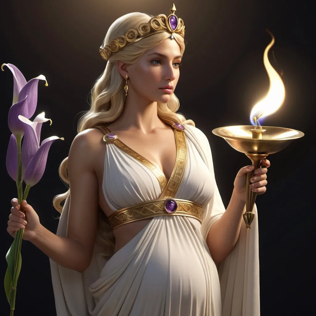 Prompt: HD 4k 3D, hyper realistic, professional modeling, ethereal Greek Goddess of childbirth, light blonde hair, brown skin, gorgeous face,  grecian robes, amethyst jewelry and diadem, holding a torch and baby, full body, midwife, peace lilies, caring, healing, detailed, elegant, ethereal, mythical, Greek, goddess, surreal lighting, majestic, goddesslike aura